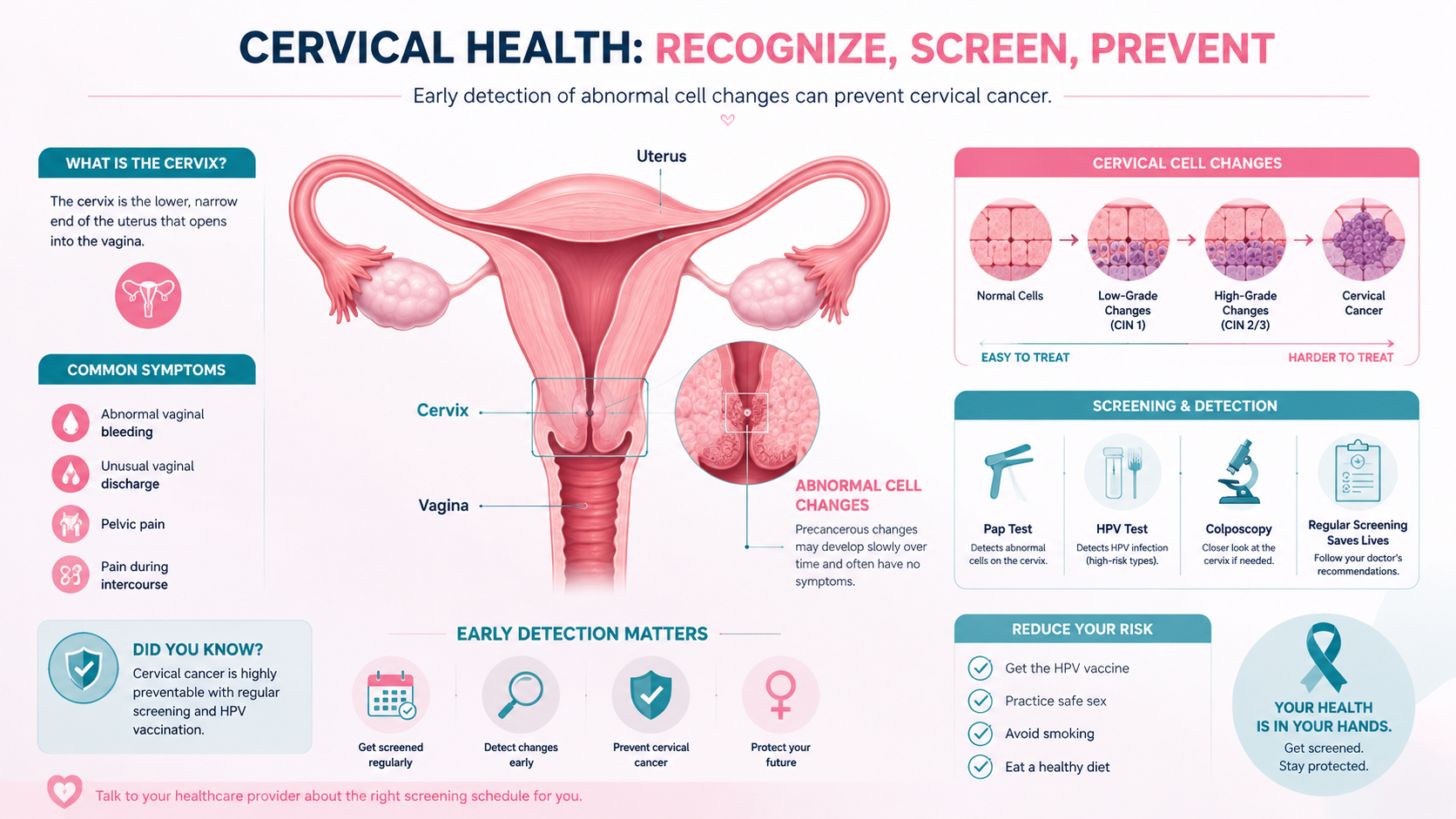 Infographic showing early signs and detection of cervical cancer with cervix-focused medical illustration.